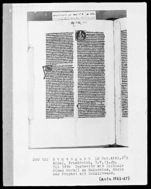 Lateinische Taschenbibel — Initiale O (nus verbi) darin der Prophet Malachias, Folio 349verso