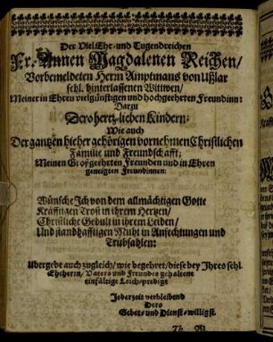 Der Viel Ehr- und Tugendreichen Fr. Annen Magdalenen Reichen [...]
