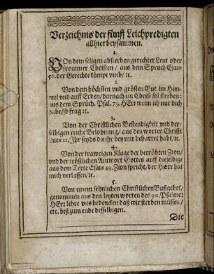 Verzeichnis der fünf Leichpredigten allhier beysammen.