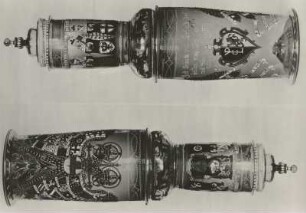 Doppelhumpen : Doppelhumpen (sog. Reichsadlerhumpen). Glas, grünlich, Emailmalerei, Reste von Vergoldung. 41 cm. Jugel, 1638. Dresden: Kunstgewerbemuseum 46476