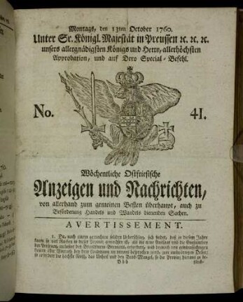 No. 41. Montags, den 13ten October 1760.
