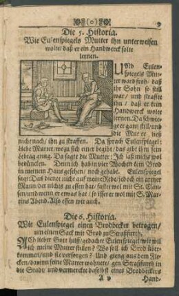 Die 5. Historia. Wie Eulenspiegels Mutter ihn unterweisen wolte/ daß er ein Handwerk solte lernen