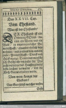 Das XXVII. Cap. Vom Ehestand