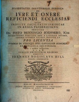 Diss. inaug. iur. de iure et onere reficiendi ecclesias