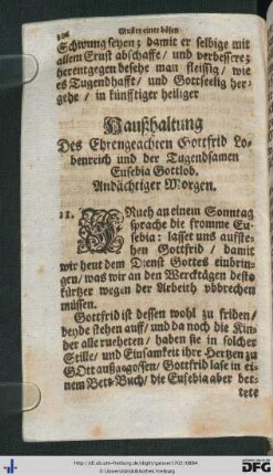 Haußhaltung des Ehrengeachten Gottfried Lobenreich und der Tugendsamen Eusebia Gottlob.