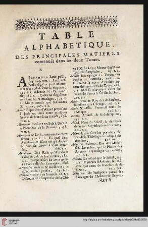 Table alphabetique des principales matieres contenuës dans les deux tomes