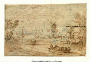 Flußlandschaft mit einer Windmühle in der Mitte