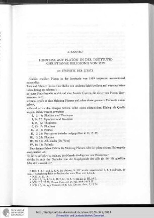 2. Kapitel: Hinweise auf Platon in der Institutio Chistianae Religionis von 1559