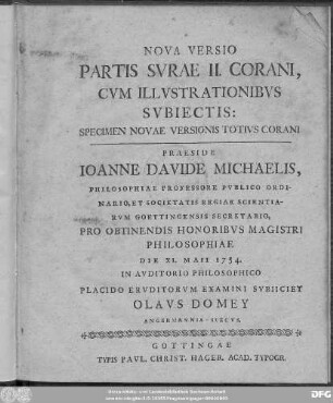 Nova Versio Partis Svrae II. Corani : Cvm Illvstrationibvs Svbiectis: Specimen Novae Versionis Totivs Corani