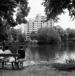 Neuhöfer Teich: Spaziergänger auf Parkbank am Rundweg: Schwan im Wasser: oben überhängende Zweige: am gegenüberliegenden Ufer Hochhaus-Wohnanlage Neuhöfer Teich