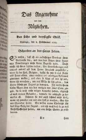 Das sechs und dreyßigste Stück. Montags, den 1. Herbstmonat, 1755.
