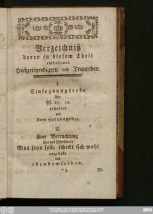 Verzeichniß derer in diesem Theil enthaltenen Hochzeitpredigten und Traureden.
