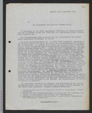 Rundschreiben des Vorstands des Berliner Frauenvereins an seine Mitglieder