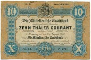 Geldschein, 10 Taler Courant, 26.8.1856