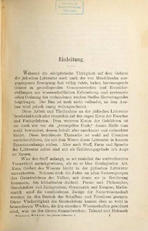 Die jüdische Litteratur seit Abschluß des Kanons : eine prosaische und poetische Antologie mit biographischen und litterargeschichtlichen Einleitungen, 1. Geschichte der jüdisch-hellenistischen und talmudischen Litteratur : zugleich eine Anthologie für Schule und Haus