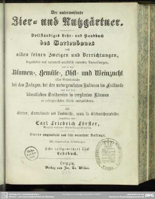 1: Der instructive Führer durch das Gesammtgebiet der allgemeinen Vorkenntnisse, Grundregeln und Vortheile zum erfolgreichsten Betriebe der Zier- und Nutzgärtnerei : Theoretisch-praktisches Lehrbuch alles Wissensnöthigen für Gärtner und Gartenfreunde über: die zweckmäßigste Anlage, Bearbeitung und Unterhaltung der Gärten ... und über das sonst noch Gemeinnützlichste für das Bereich der Zierpflanzen-, Gemüse-, Obst- und Weinzucht