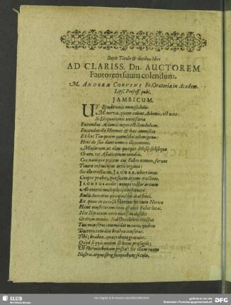 Super Titulo & dotibus libri Ad Clariss. Dn. Auctorem Fautorem suum colendum, M. Andreae Corvini Fr. Oratoriae in Academ. Lips. Profess. publ.