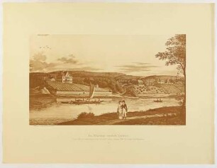 Das Dresdner Elbtal vom linken Ufer, Blick auf das alte Gasthaus Saloppe, rechts und links die Villa Brockhaus von 1807, aus der Mappe: Dresdens Umgebung in Landschaftsbildern, Anfang 19. Jahrhundert
