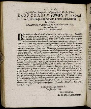 Viro Nobilissimo, Magnifico [...] Dn. Zachariæ Löbbeke [...]