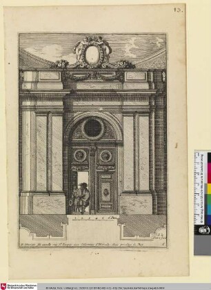 [Portal mit einer geöffneten Tür und zwei durchschreitenden Männern; Porte cochére dont le battant gauche s'ouvre]