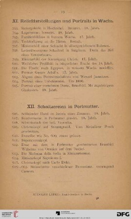 XI. Reliefdarstellungen und Portraits in Wachs (Nr. 593 - 605)