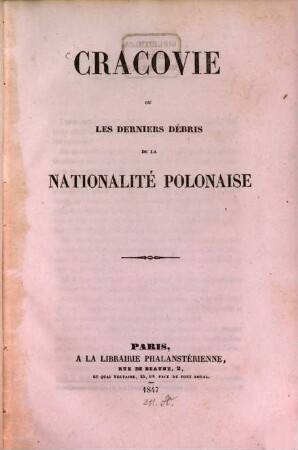 Cracovie ou les derniers débris de la nationalité Polonaise
