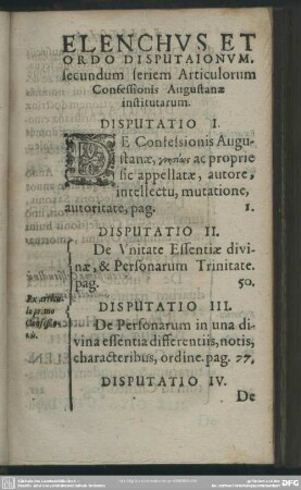 Elenchus Et Ordo Disputationum