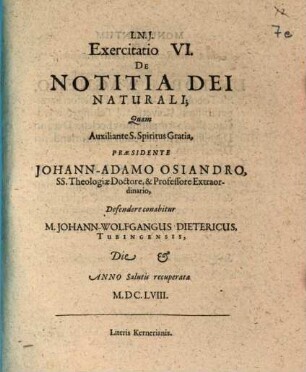 Exercitatio VI. de notitia Dei naturali