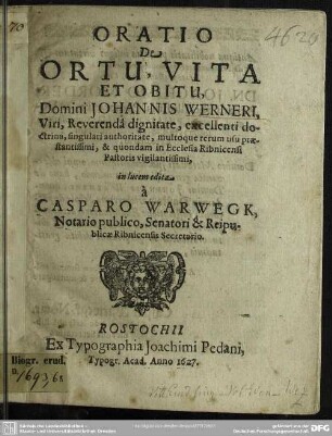 Oratio de ortu, vita et obitu Johannis Werneri