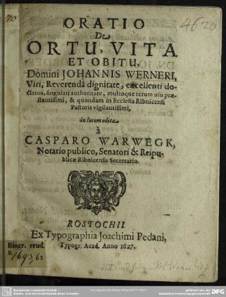 Oratio de ortu, vita et obitu Johannis Werneri