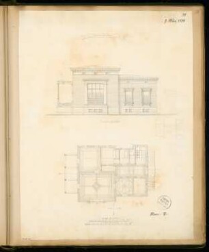 Maleratelier Monatskonkurrenz März 1874: Grundriss 1:120, Aufriss Vorderansicht (Norden) 1:100; 2 Maßstabsleisten