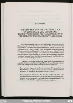 Erhard Oeser Neue Formen Der Erkenntnistheorie Evolutionäre Und Genetische Erkenntnistheorie Als Naturalisierung Der Philosophischen Erkenntnistheorie