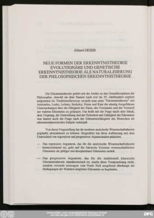Erhard Oeser Neue Formen Der Erkenntnistheorie Evolutionäre Und Genetische Erkenntnistheorie Als Naturalisierung Der Philosophischen Erkenntnistheorie