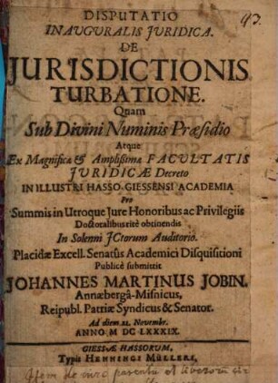 Disputatio Inauguralis Juridica De Jurisdictionis Turbatione
