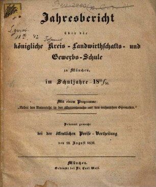 Jahres-Bericht der K. Kreis-Landwirthschafts- und Gewerb-Schule zu München : für das Schuljahr ... 1835/36 (1836)