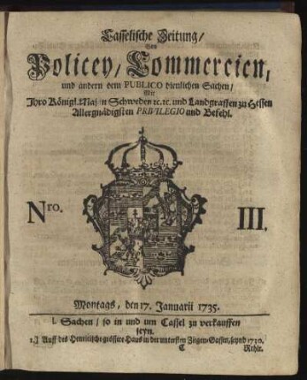 Nro. III, Montags, den 17. Januarii 1735