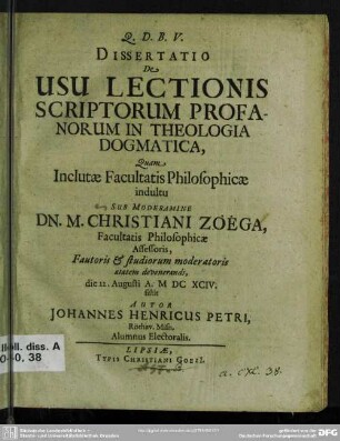 Dissertatio de usu lectionis scriptorum profanorum in theologia dogmatica