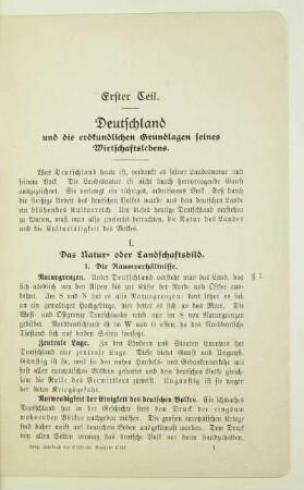 Erster Teil. Deutschland und die erdkundlichen Grundlagen seines Wirtschaftslebens
