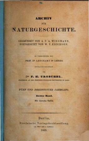 Archiv für Naturgeschichte : Zeitschrift für systematische Zoologie. 35, 35. 1869