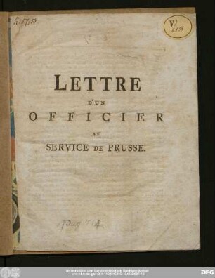Lettre D'Un Officier Au Service De Prusse.