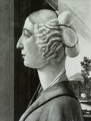 Bildnis einer jungen Frau im Profil, mit den später hinzugefügten Attributen der heiligen Katharina. (Caterina Sforza?)