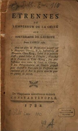 Etrennes de l'Empereur de la Chine aux Souverains de l'Europe
