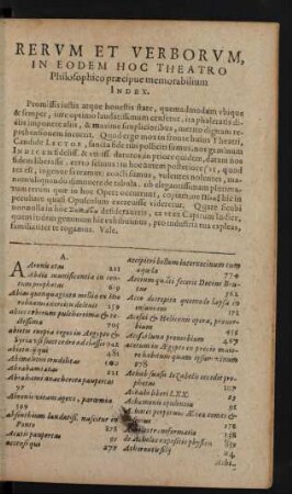 Rervm Et Verborvm, In Eodem Hoc Theatro Philosophico praecipue memorabilium Index.