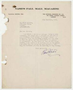 Brief von Oliver Robinson, Nash´s Pall Mall Magazine an Erich Salomon