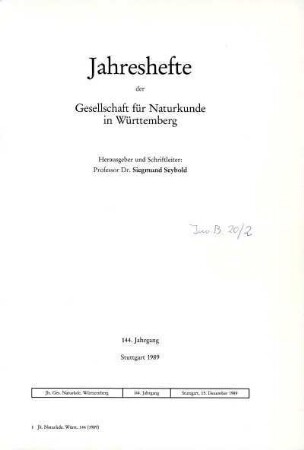 Bd. 144, 1989: Jahreshefte der Gesellschaft für Naturkunde in Württemberg
