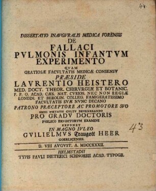 Diss. inaug. med. for. de fallaci pulmonis infantum experimento
