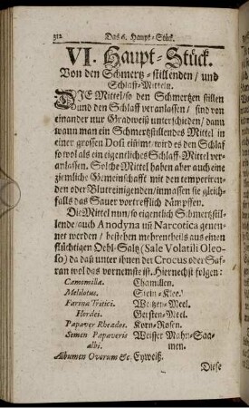 VI. Haupt-Stück. Von den Schmertz-stillenden/ und Schlaff-Mitteln