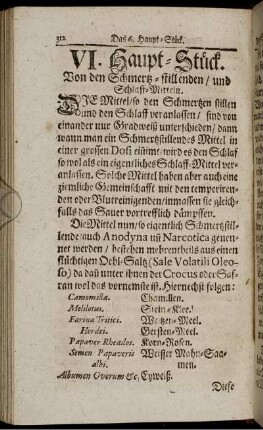 VI. Haupt-Stück. Von den Schmertz-stillenden/ und Schlaff-Mitteln