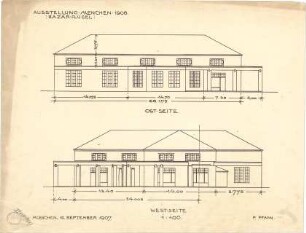 Pfann, Paul; München - Theresienhöhe; Ausstellung München 1908 - Basar - Flügel Ost - u. Westseite (Ansichten)