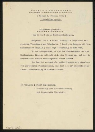 Zweifamilienhaus Monatskonkurrenz Februar 1930: Erläuterungsbericht und Kostenrechnung, 2 S.